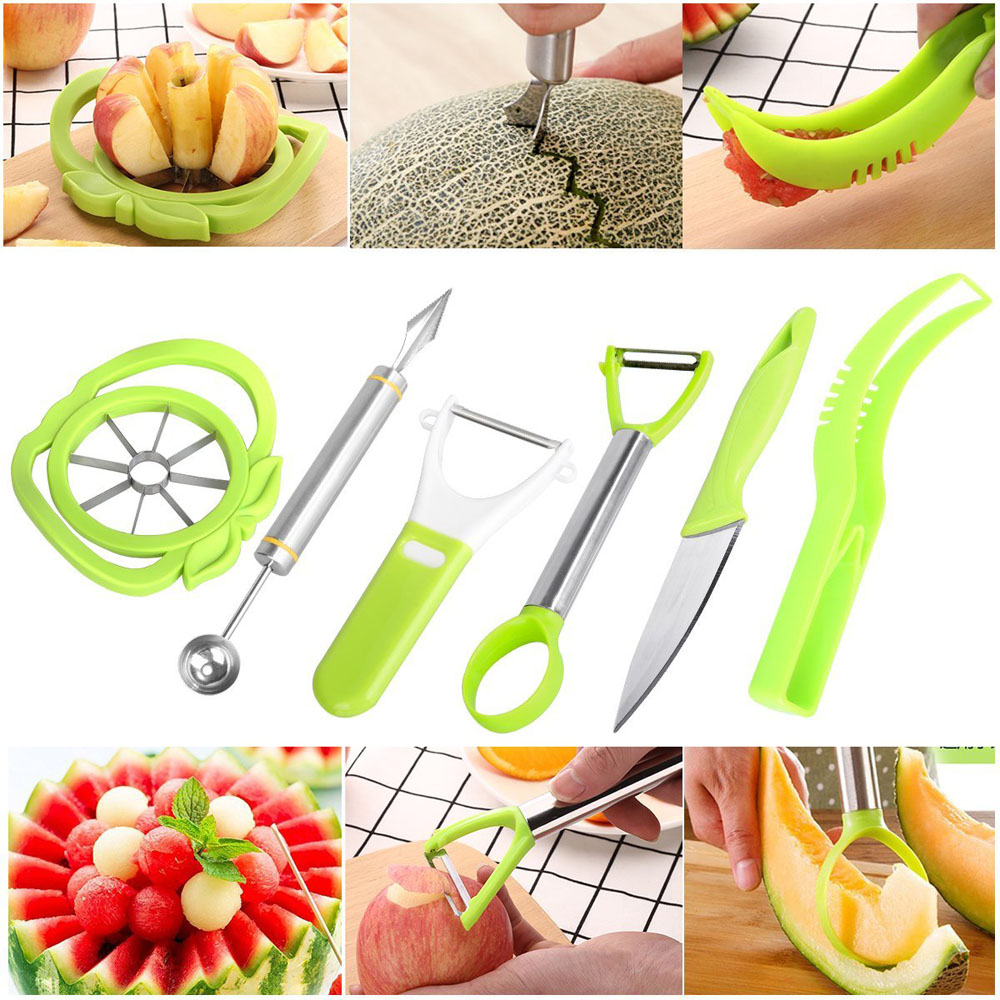 6-in-1 Fruit Carving Tool Set - Watermelon Slicer Melon Baller Scoop Fruit Carver Apple Corer Peeler Knife
