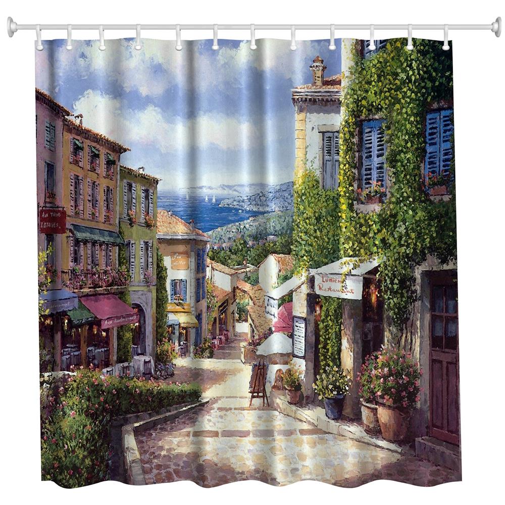 Oil Painting City 5 Polyester Shower Curtain Bathroom High Definition 3D Printing Water-Proof