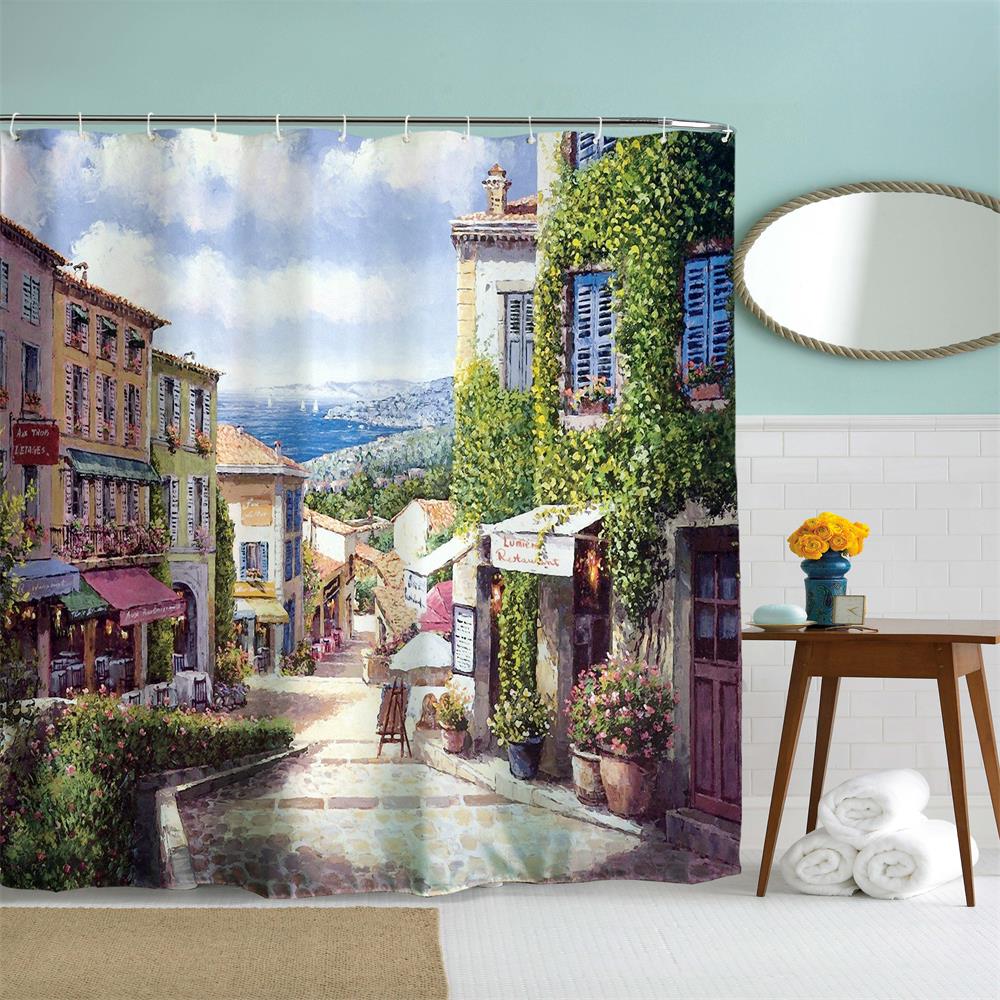 Oil Painting City 5 Polyester Shower Curtain Bathroom High Definition 3D Printing Water-Proof