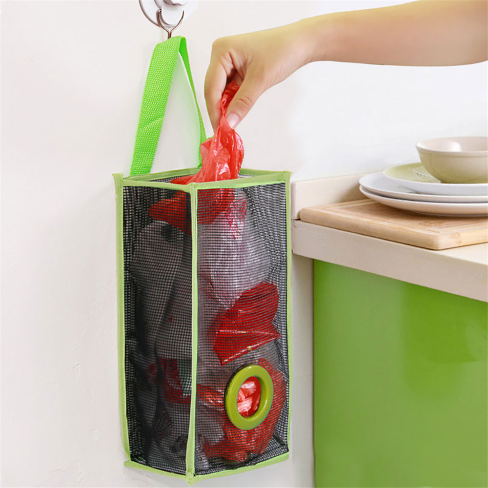 Hanging Mesh Garbage Bag Organizer Dispenser Kitchen Wall Mount Reusable Grocery Bags Holder Net Trash Bag Storage