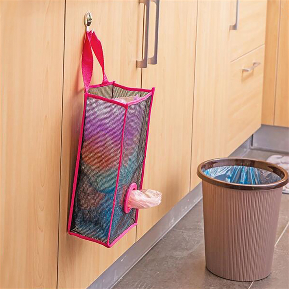 Hanging Mesh Garbage Bag Organizer Dispenser Kitchen Wall Mount Reusable Grocery Bags Holder Net Trash Bag Storage