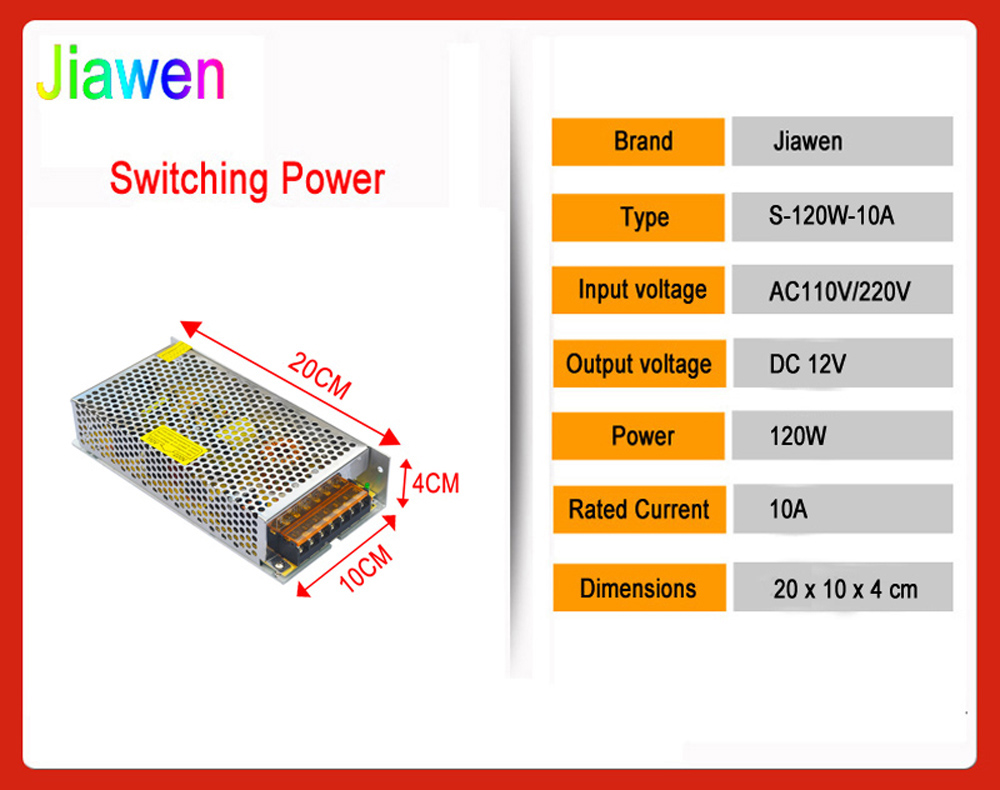 JIAWEN 10A 120W Switching Power Supply Driver for LED Strip AC 110 / 220V Input to DC 12V