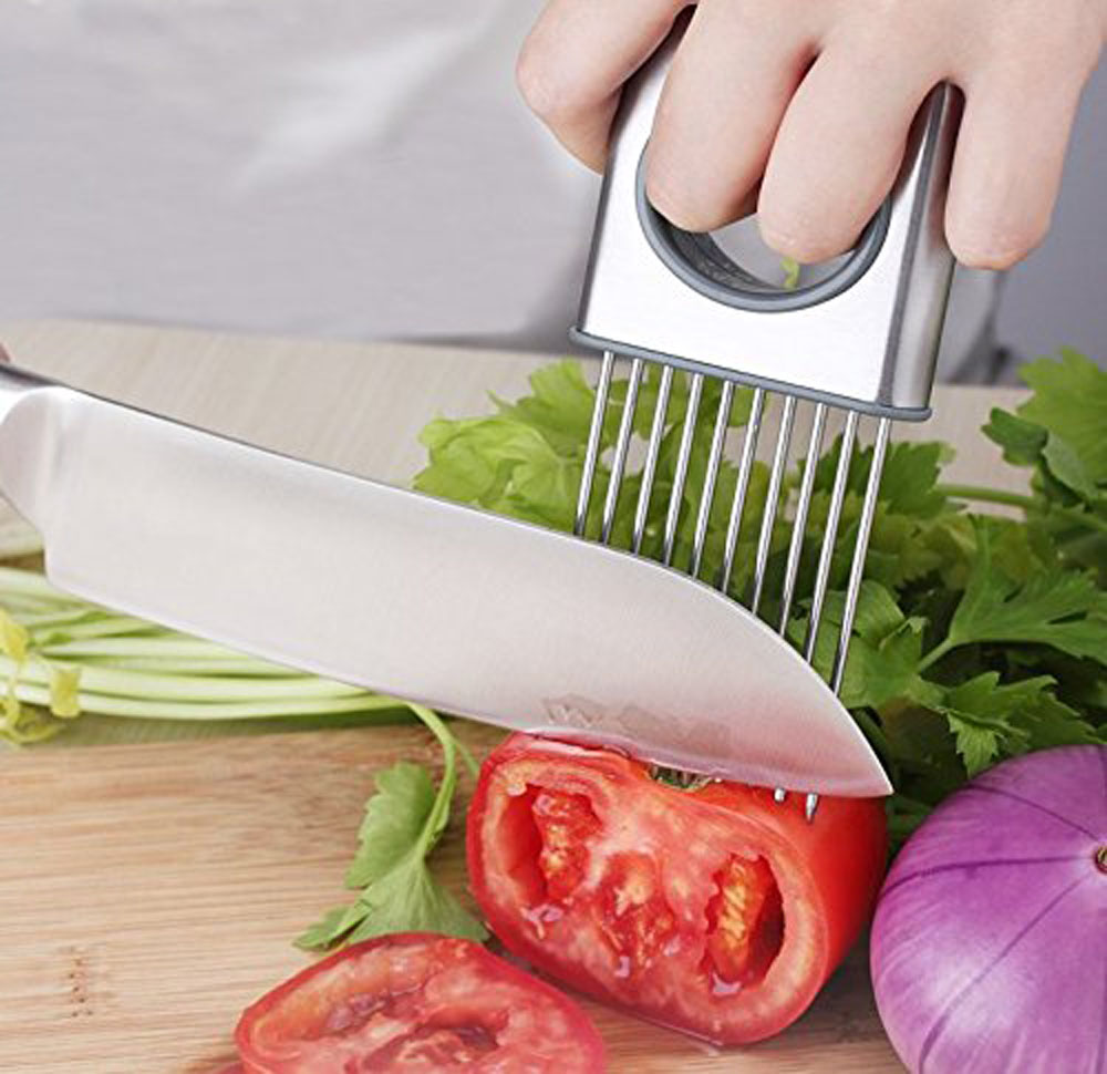 Onion Holder Slicer Potato Tomato Lemon Aid Cutting Chopper Fork Stainless Steel