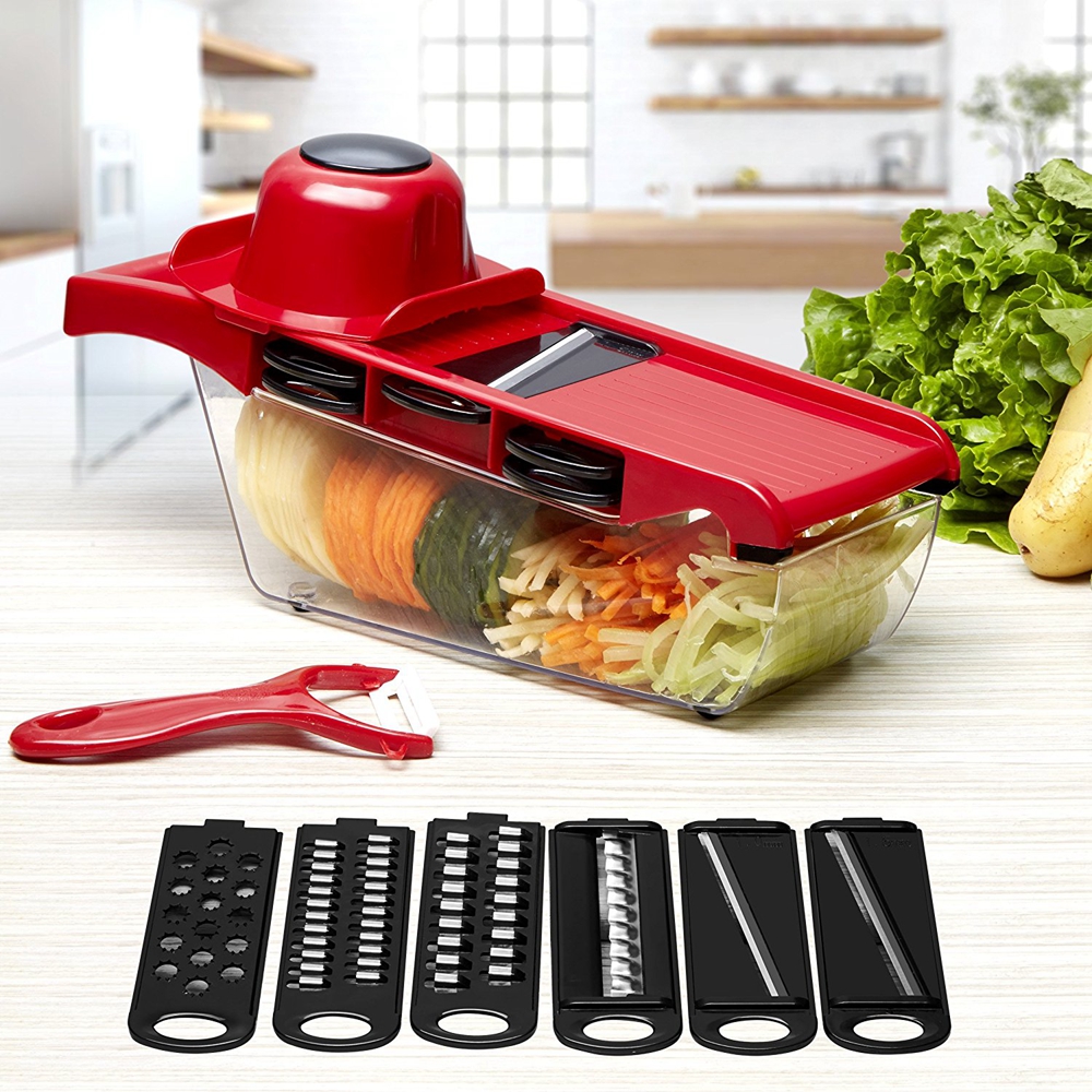 Vegetable Slicer Cutter of 6 Interchangeable Blades with Peeler Hand Protector Storage Container