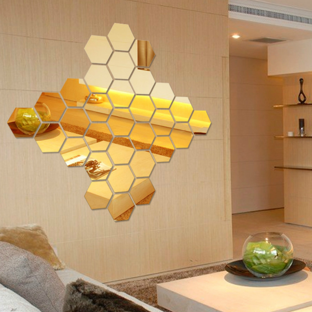 12 Pcs/Set Hexagon Mirror DIY Art Wall Home Decor Living Room Mirrored Decorative Sticker