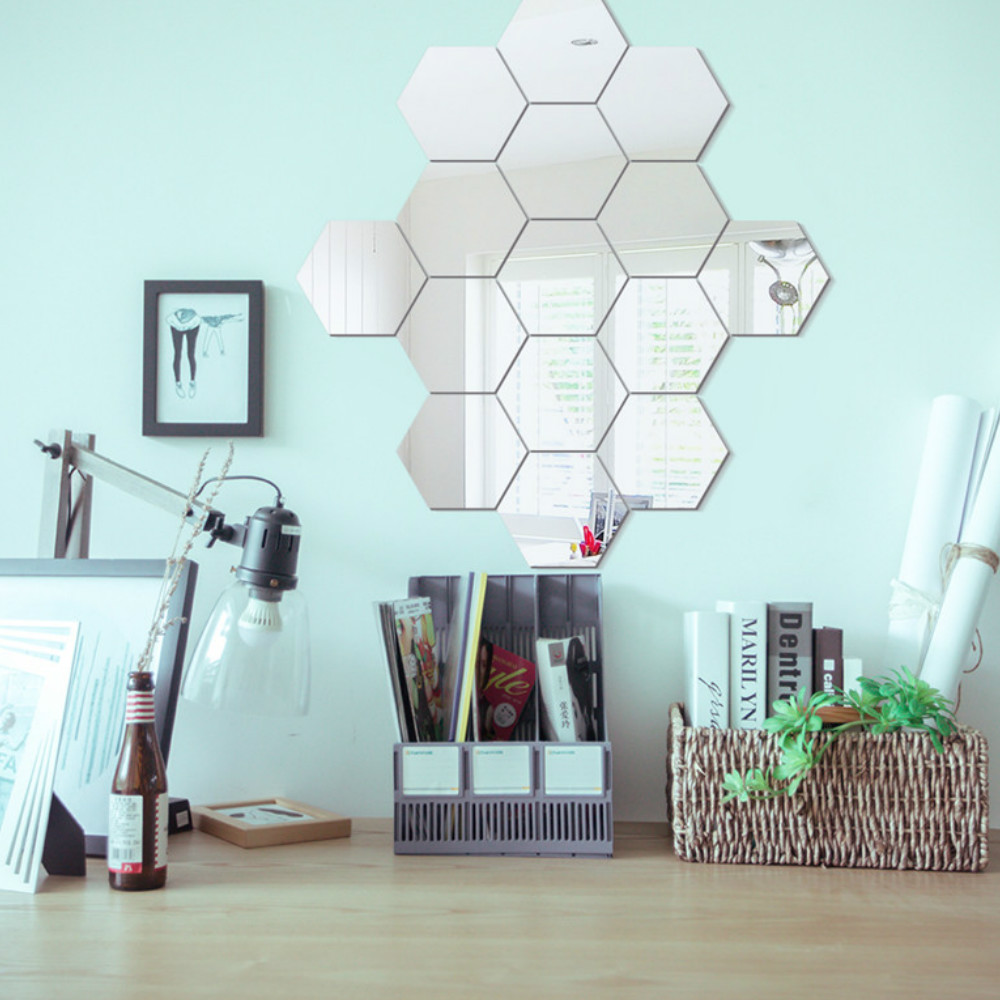 12 Pcs/Set Hexagon Mirror DIY Art Wall Home Decor Living Room Mirrored Decorative Sticker