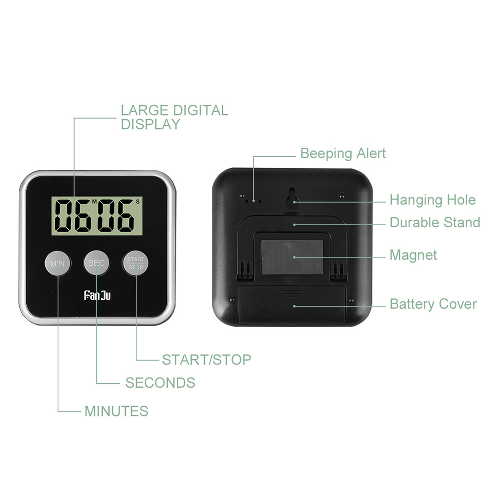 FanJu FJ231 Digital Kitchen Timer with Big Display / Loud Alarm / Magnetic Back / Foldable Stand