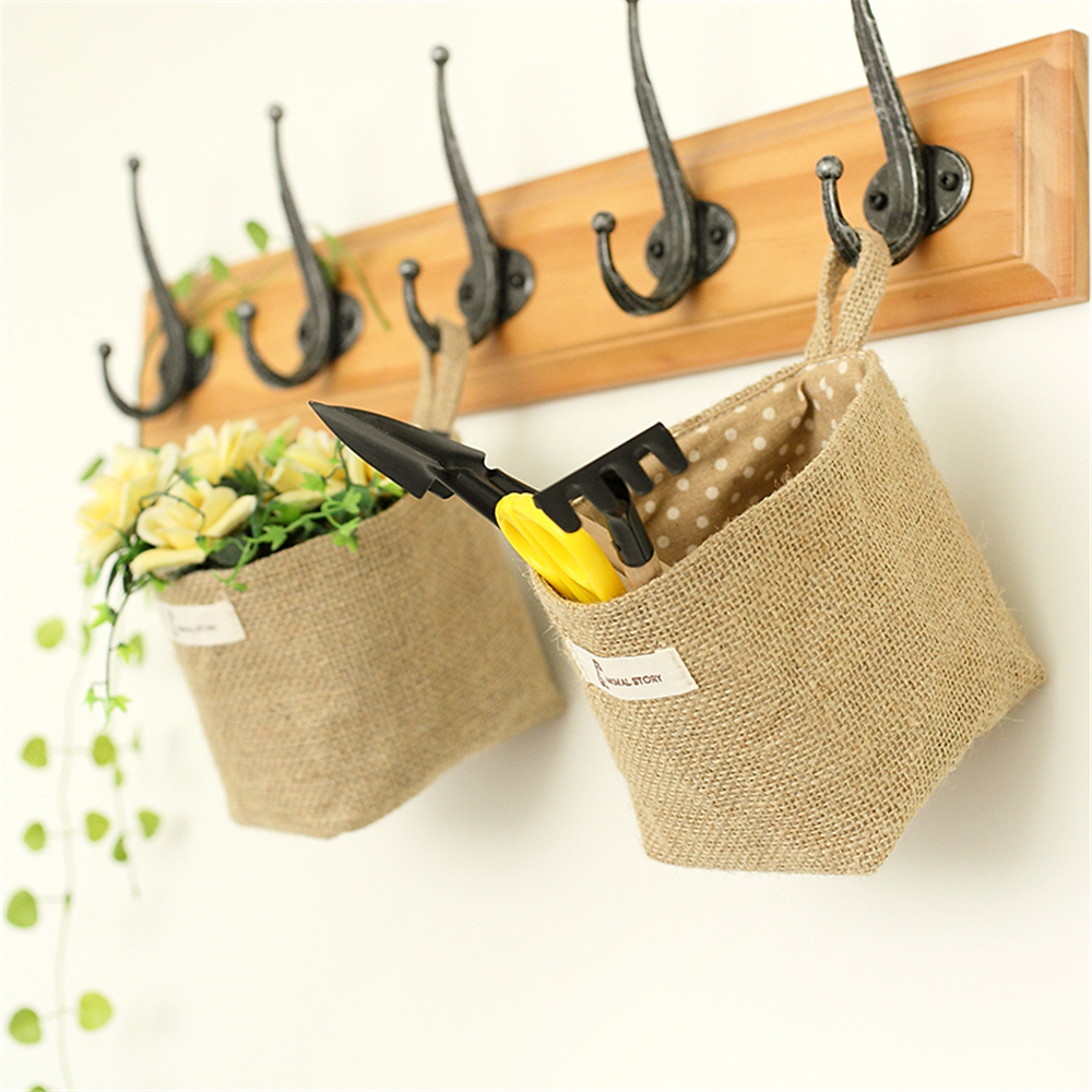 Storage Box Jute with Cotton Lining Sundries Basket Mini Desktop Storage Hanging Bags