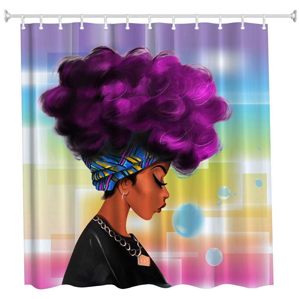 Purple Hair Girl Polyester Shower Curtain Bathroom High Definition 3D Printing Water-Proof