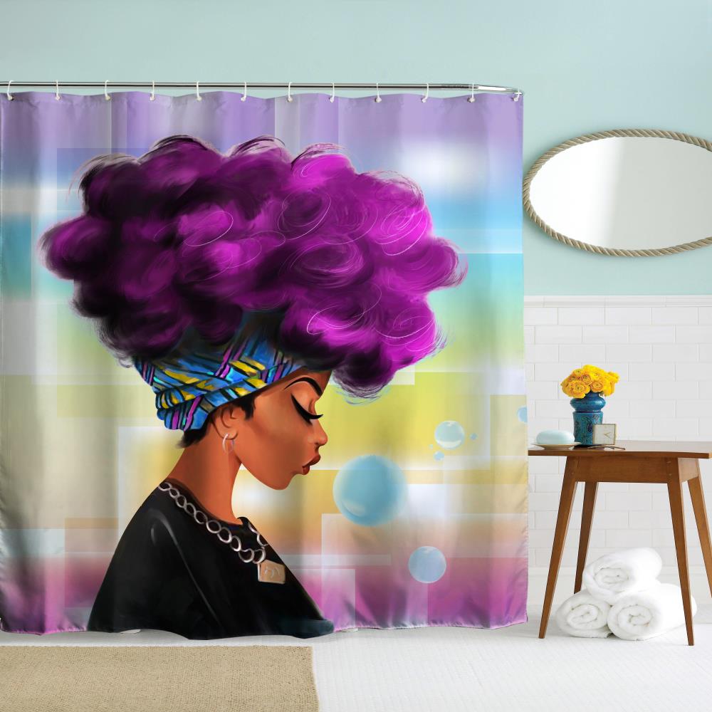 Purple Hair Girl Polyester Shower Curtain Bathroom High Definition 3D Printing Water-Proof
