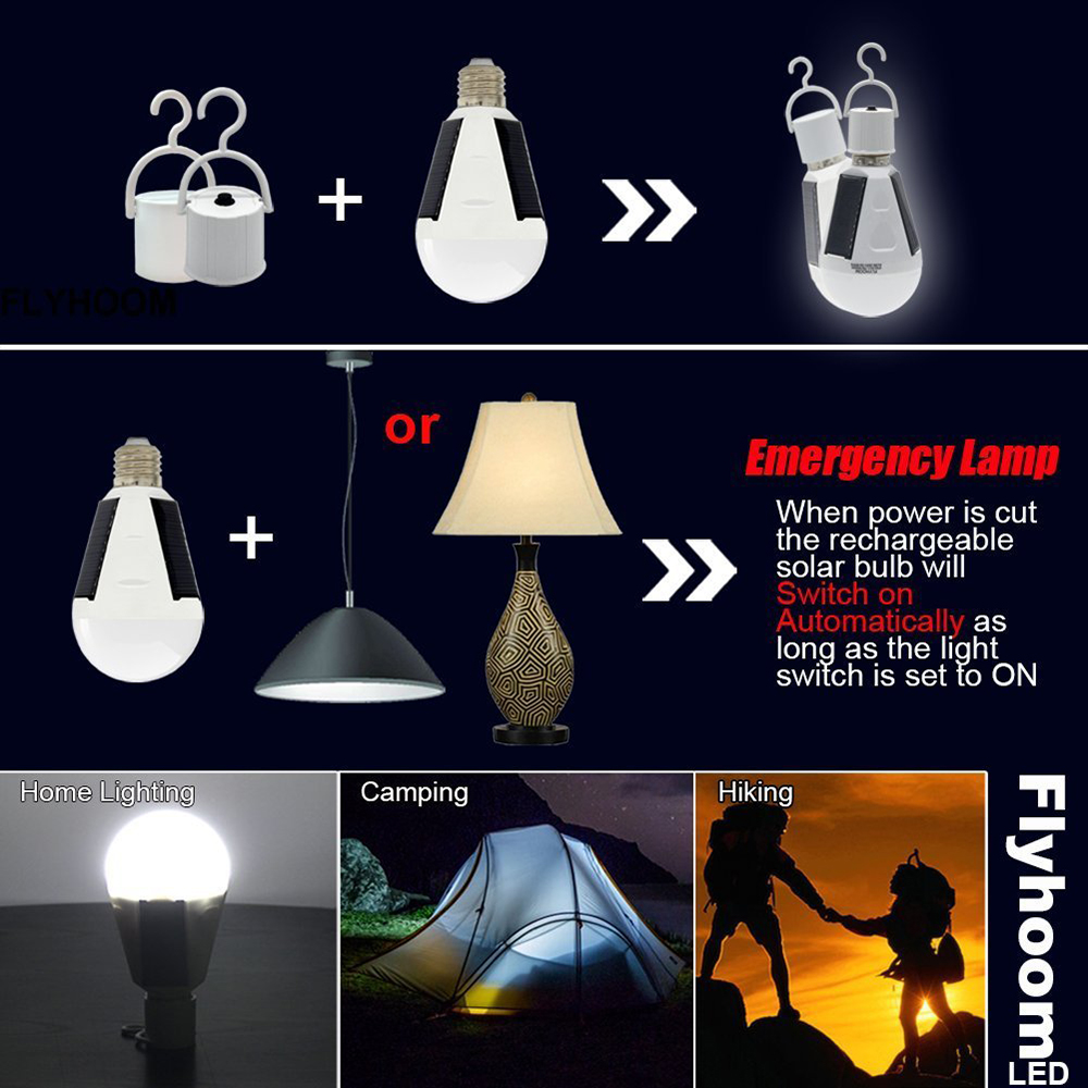 Indoor Garden Hiking Camping Solar Panel Powered LED Bulb Portable Waterproof Emergency Light
