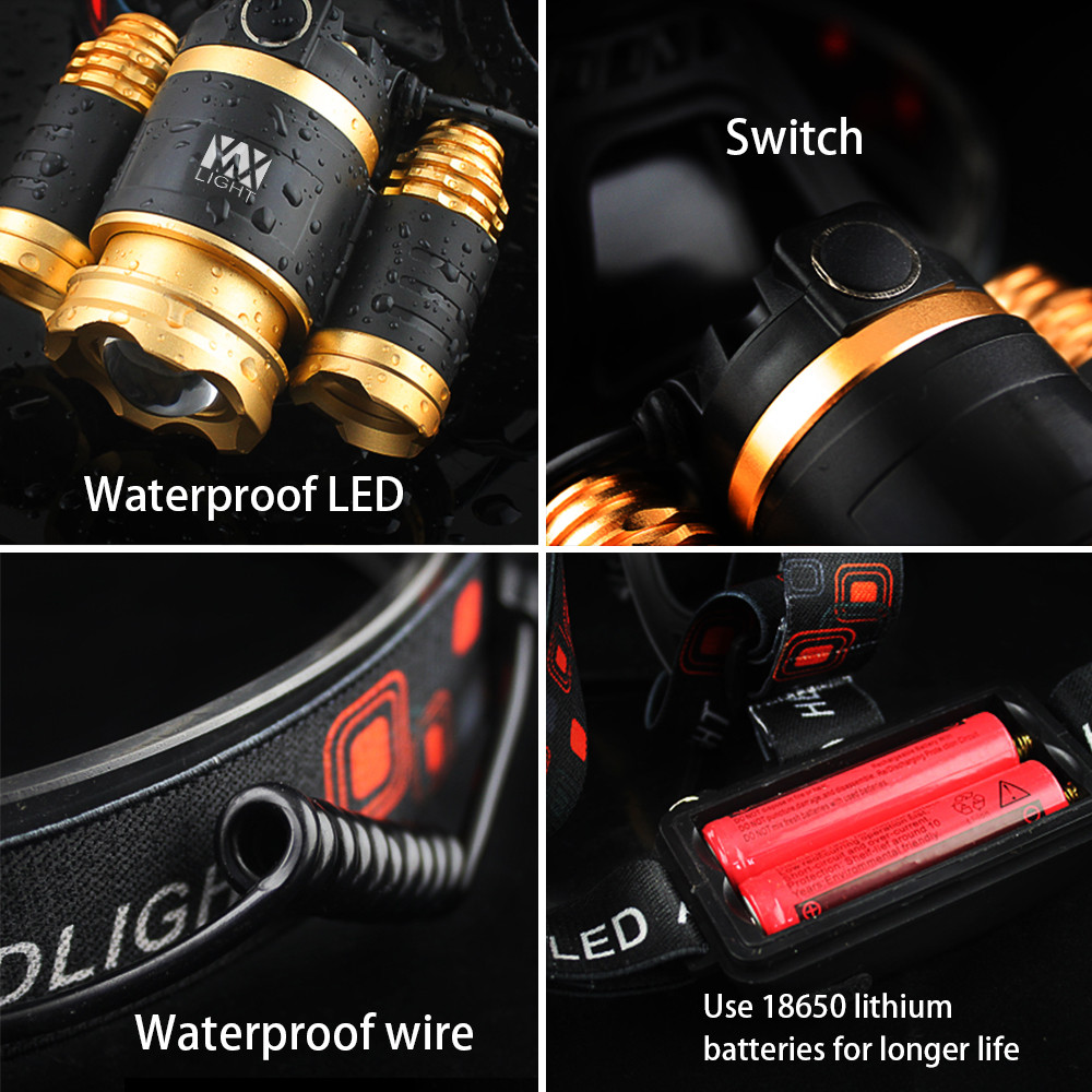 YWXLight 30W LED Headlamp Waterproof Zoomable Flashlight Torch for Camping