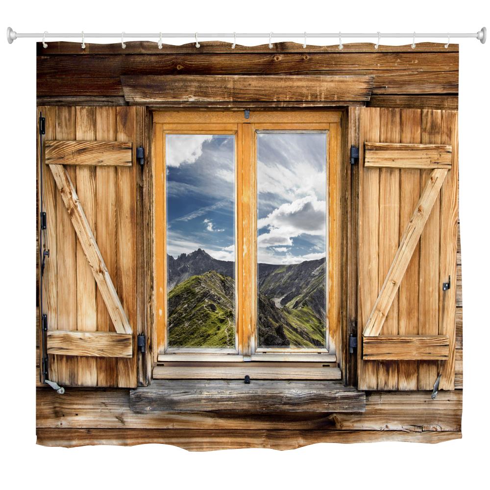 Mountain View Window Polyester Shower Curtain Bathroom High Definition 3D Printing Water-Proof