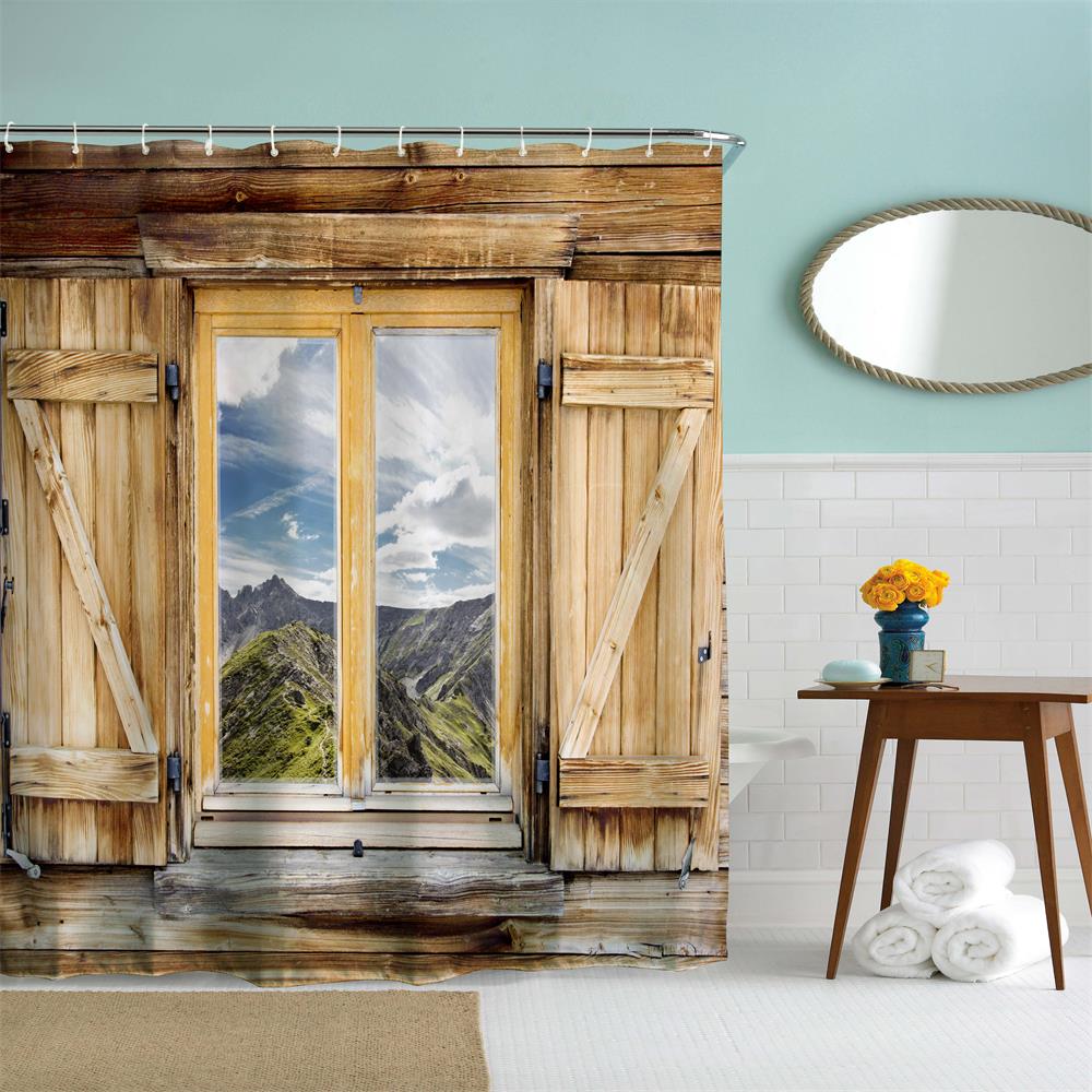Mountain View Window Polyester Shower Curtain Bathroom High Definition 3D Printing Water-Proof