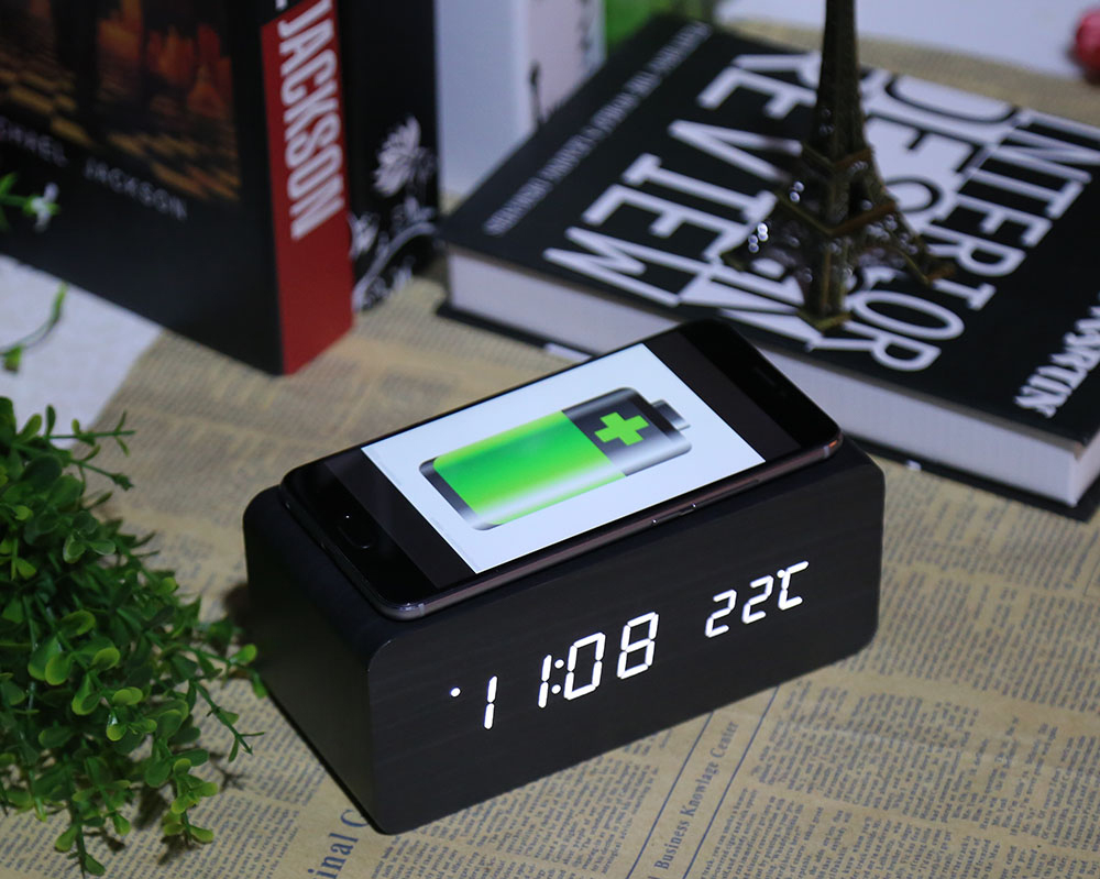 LED Electronic Voice Control Wooden Alarm Clock