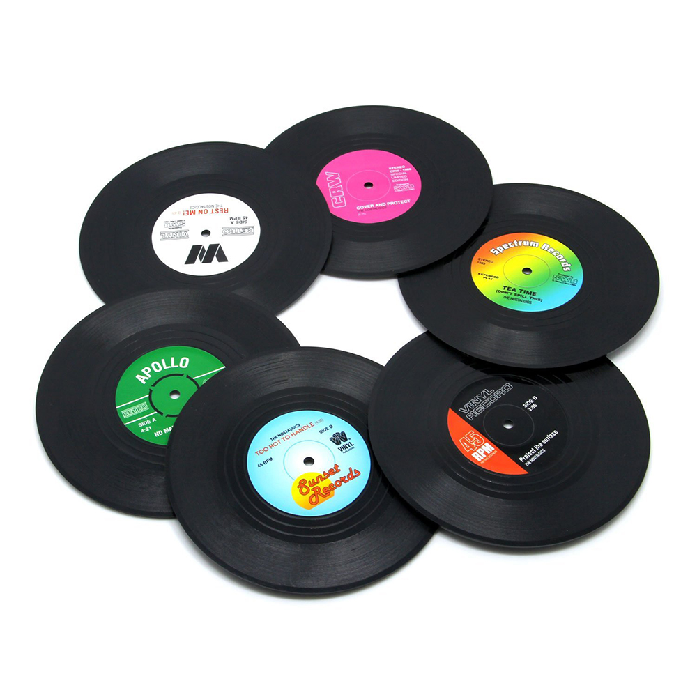 Retro Record Disc Design Drink Vinyl Coasters Non-slip Cup Bottle Mats 6PCS