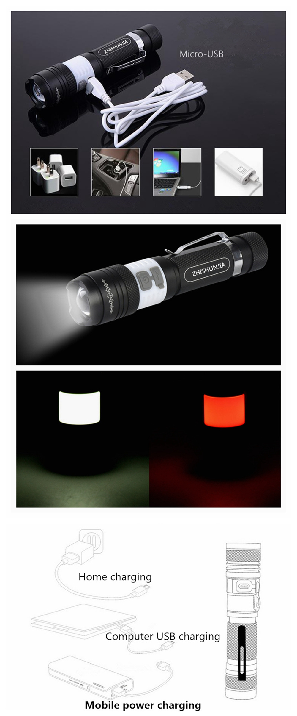 ZHISHUNJIA XM-L T6 + COB 3-Mode White + Red Zooming Flashlight - Black