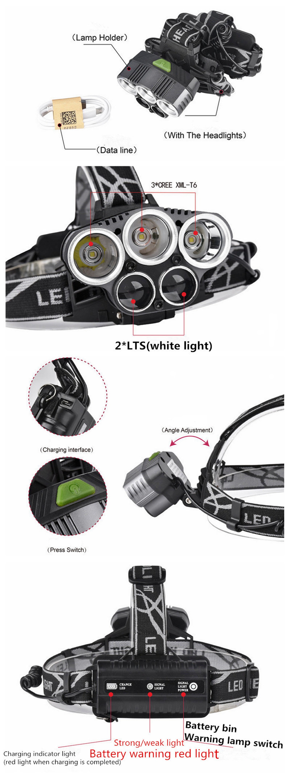 ZHISHUNJIA YH6835 3 x XM-L T6 + 2 x LTS 2000lm 6-Mode White Headlight