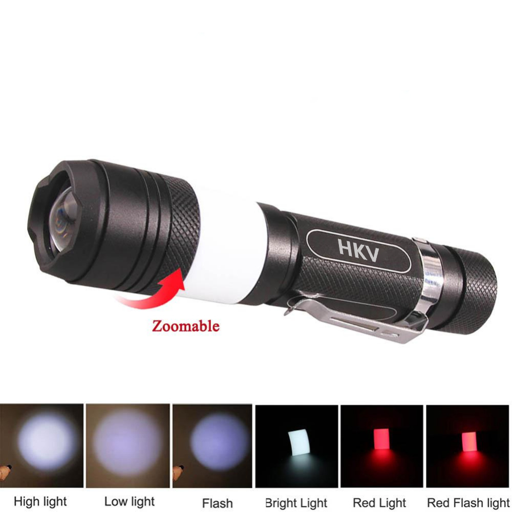 HKV Micro USB Red and White Flashlight Torch Zoomable Ultra Bright Handheld