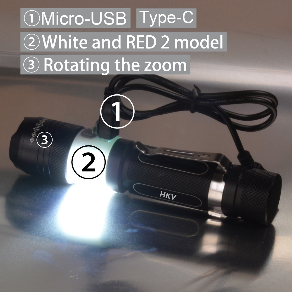 HKV Micro USB Red and White Flashlight Torch Zoomable Ultra Bright Handheld