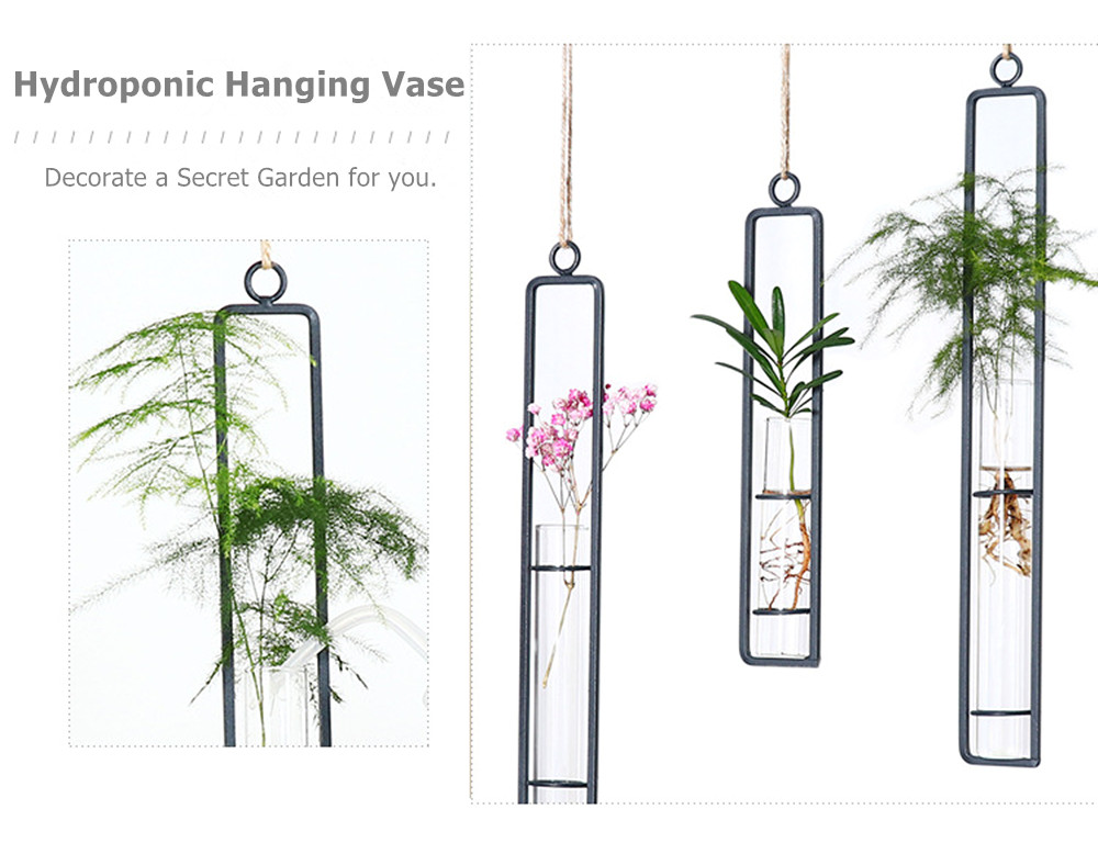 Hydroponic Hanging Long Glass Vase with Iron Frame Potted Plant Container