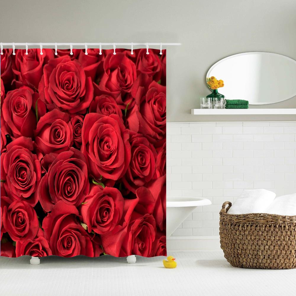 Red Rose Water-Proof Polyester 3D Printing Bathroom Shower Curtain