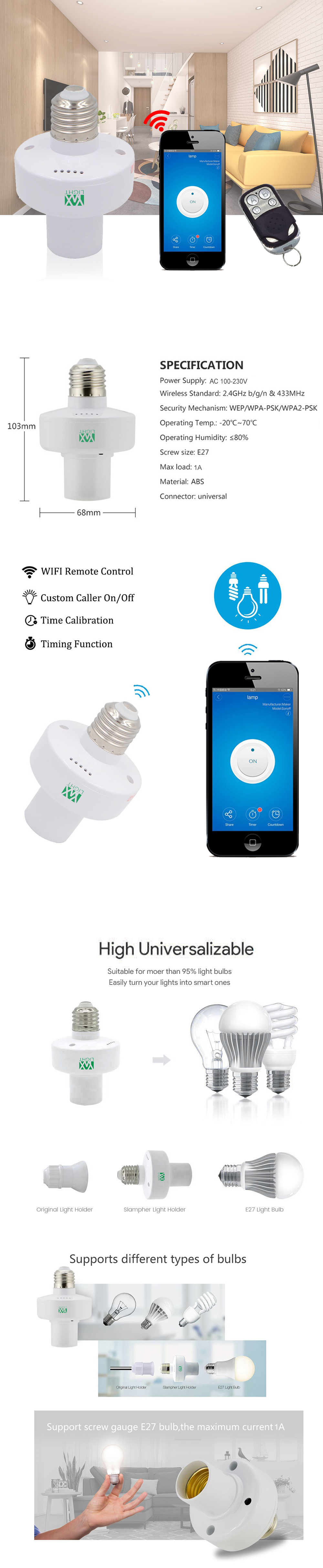 YWXLight E27 LED WiFi Light Bulb Smart APP Holder Base Socket Remote Control