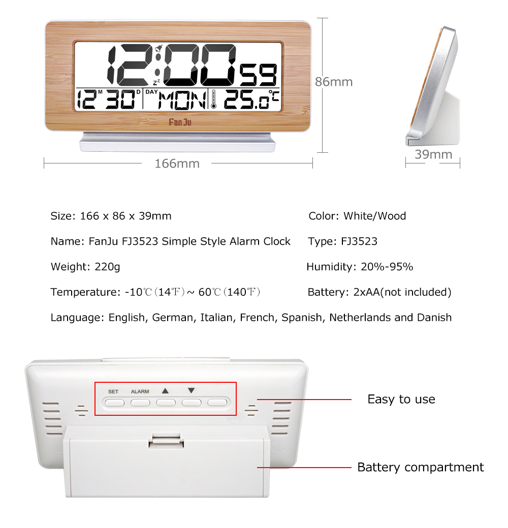 FanJu FJ3523 Digital Alarm Clock LED Electronic Alarm and temperature