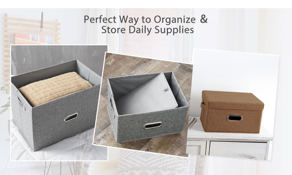 Linen Fabric Foldable Basket Cube Organizer Storage Bin Container with Lid