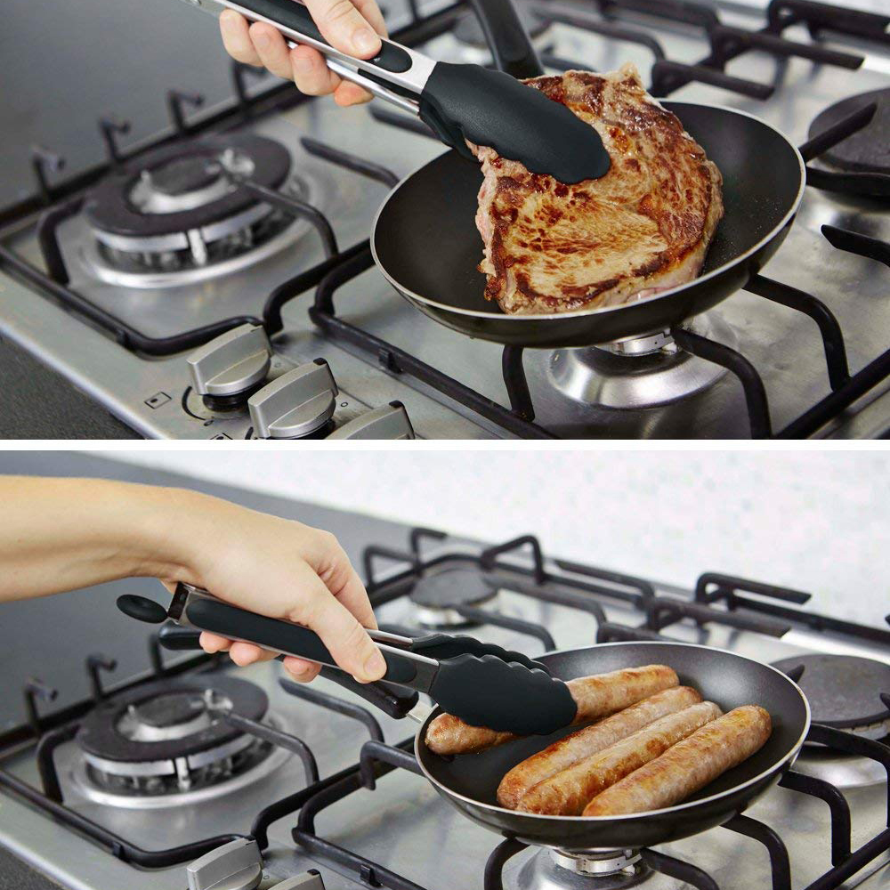 Silicone Stainless Steel Cooking Kitchen Tongs Food Utensil BBQ Salad Bacon Tool