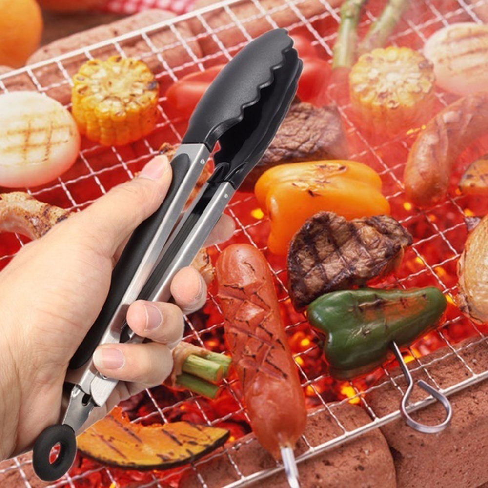 Silicone Stainless Steel Cooking Kitchen Tongs Food Utensil BBQ Salad Bacon Tool