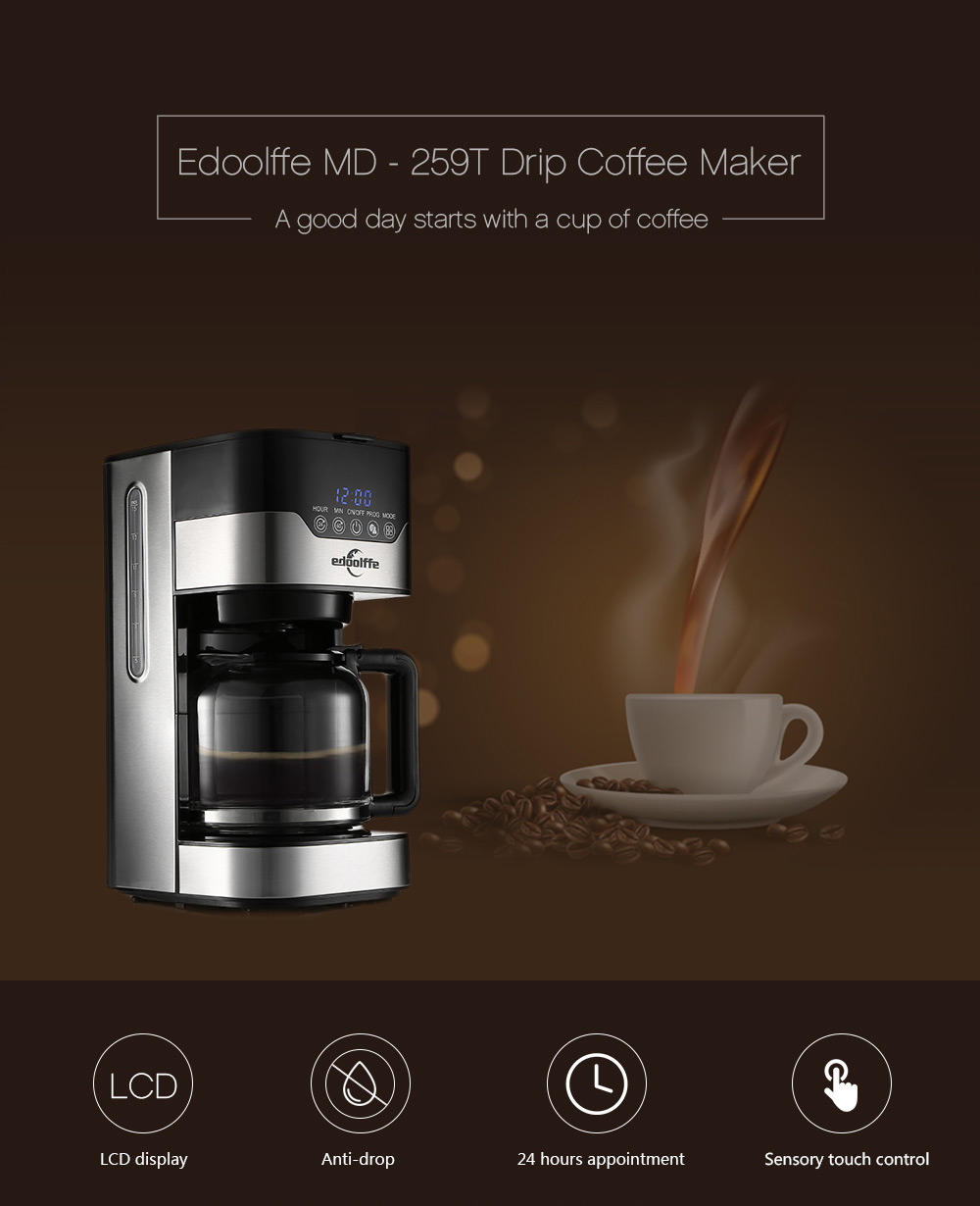 Edoolffe MD - 259T Smart Programmable Drip Coffee Machine with Glass Pot