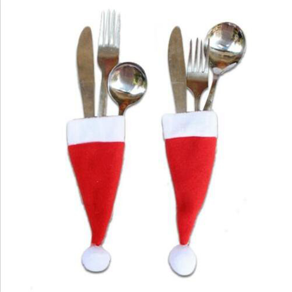 2Pcs Mini Christmas Santa Hat Knife and Fork Cover Pocket