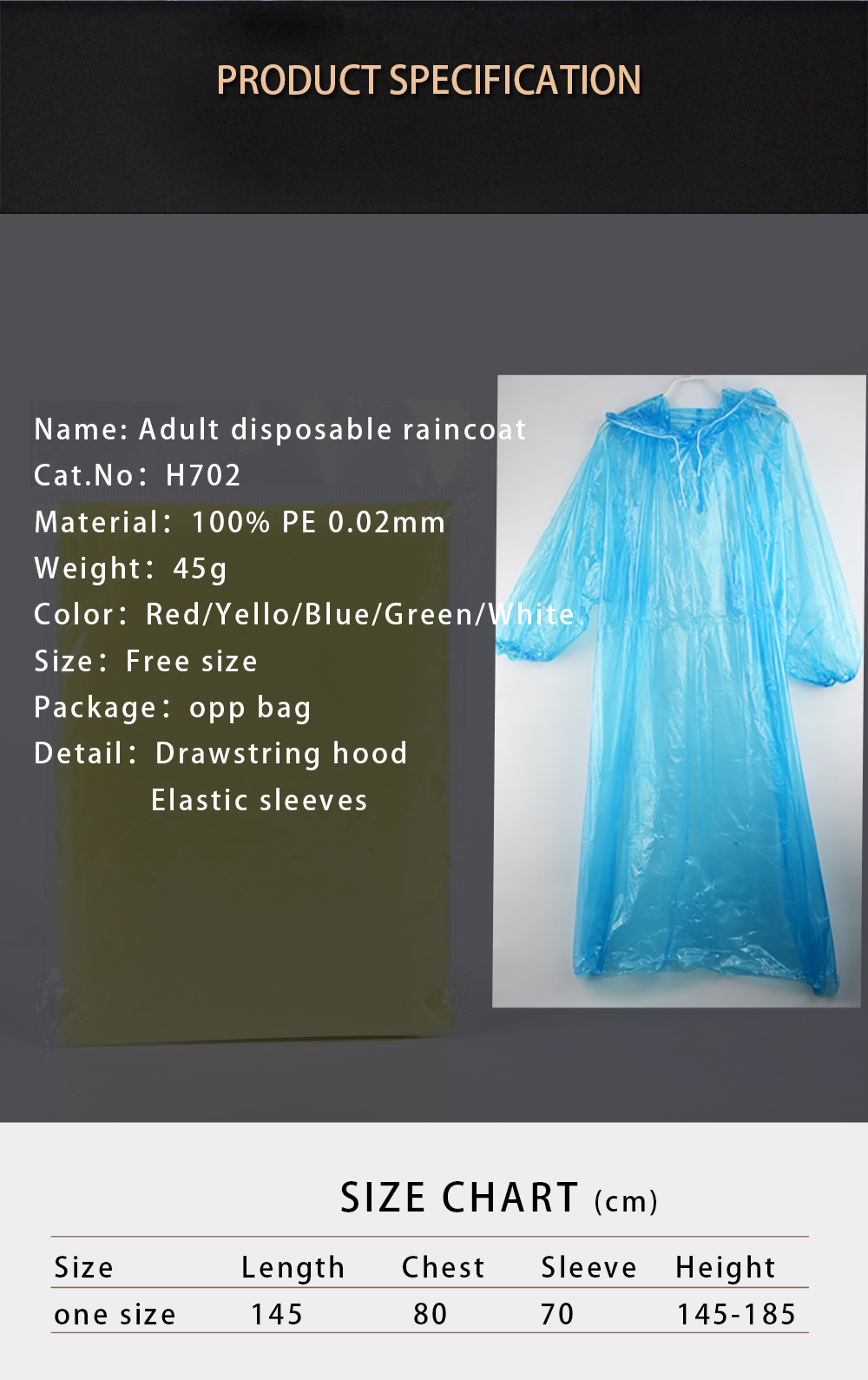 Emergency Disposable Raincoat for Adults with Drawstring Hood and Elastic Sleeve