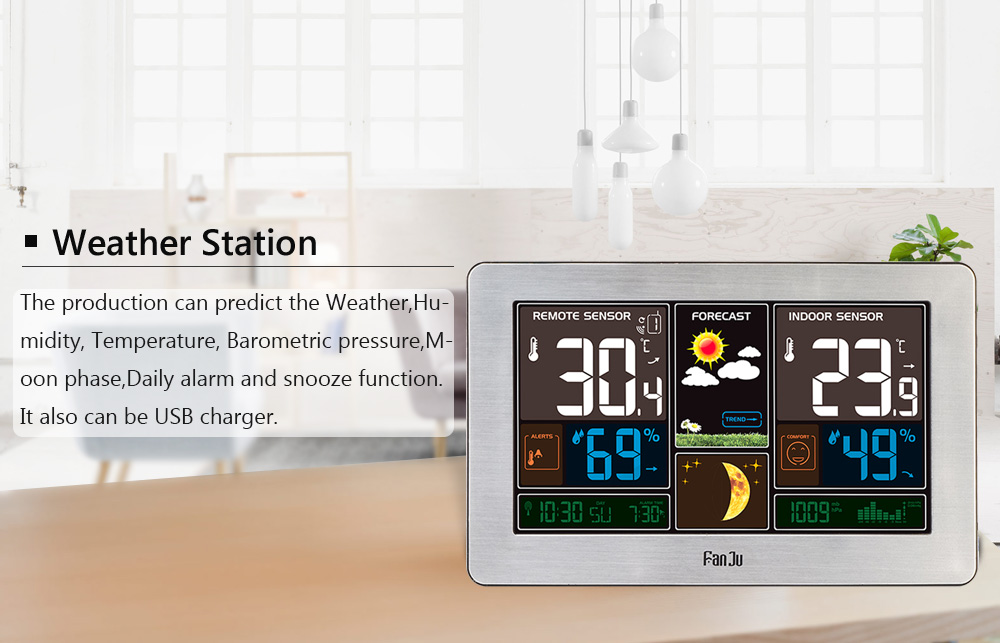 FanJu FJ3378 Weather Station Indoor Outdoor Temperature USB Charger
