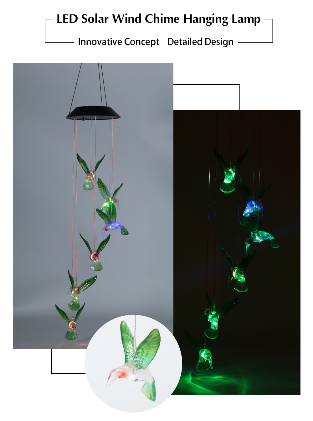 Solar Changing Color Hummingbird Wind Chime LED Hanging Lamp
