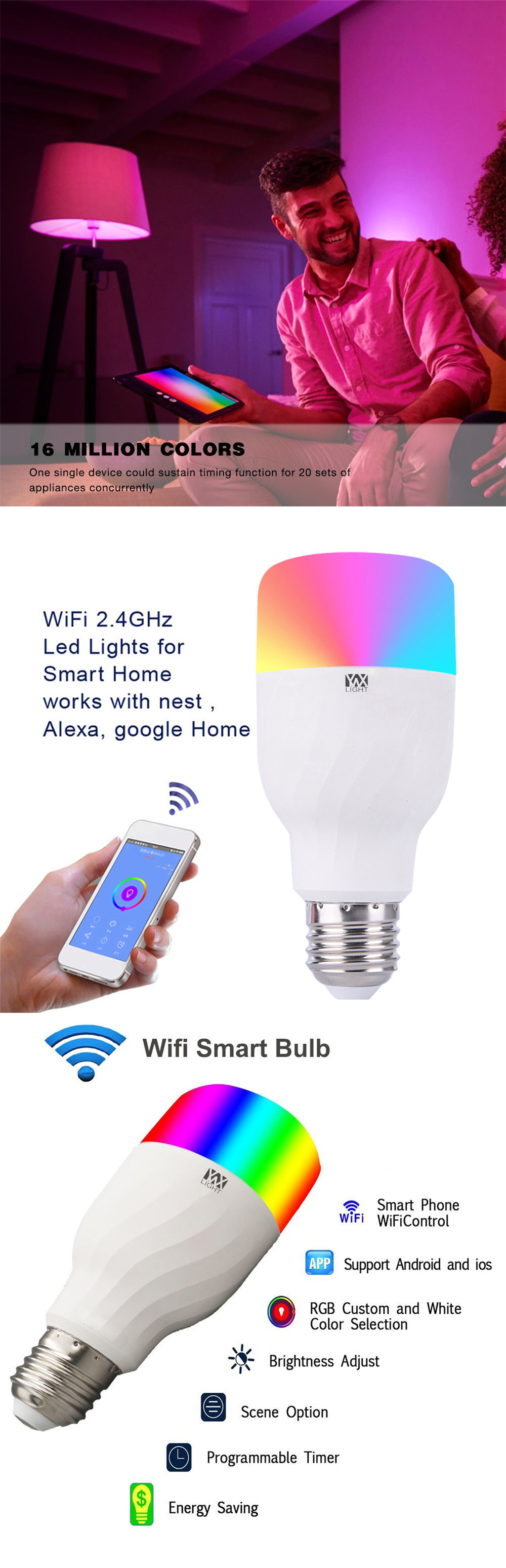 1PCS YWXLight Colorful APP WIFI Remote Control Smart LED RGBW Romantic Lamp Bulb