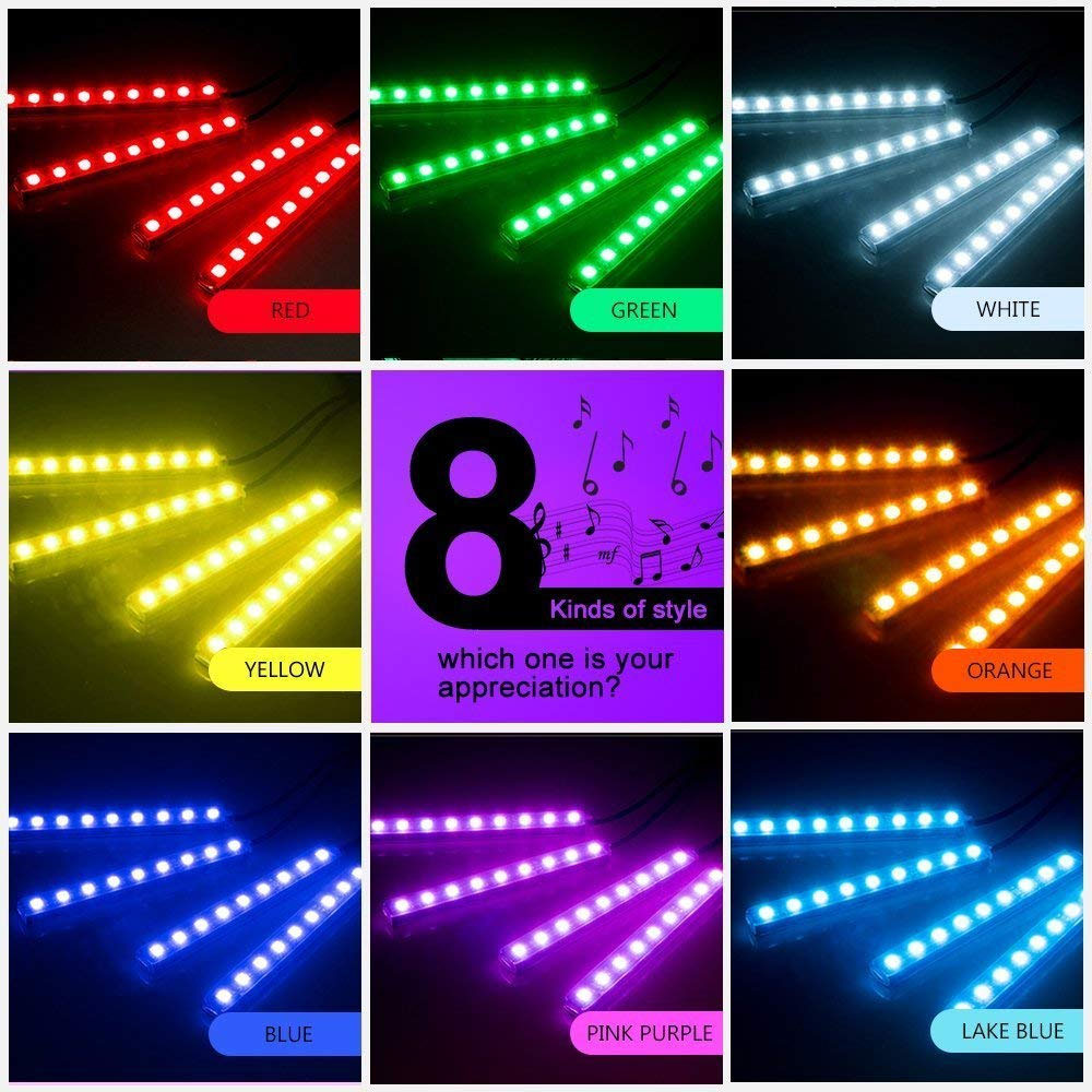 ZDM 4 pcs 9inch Car USB LED Strip Lights 72 LED RGB Music Car Interior Lights