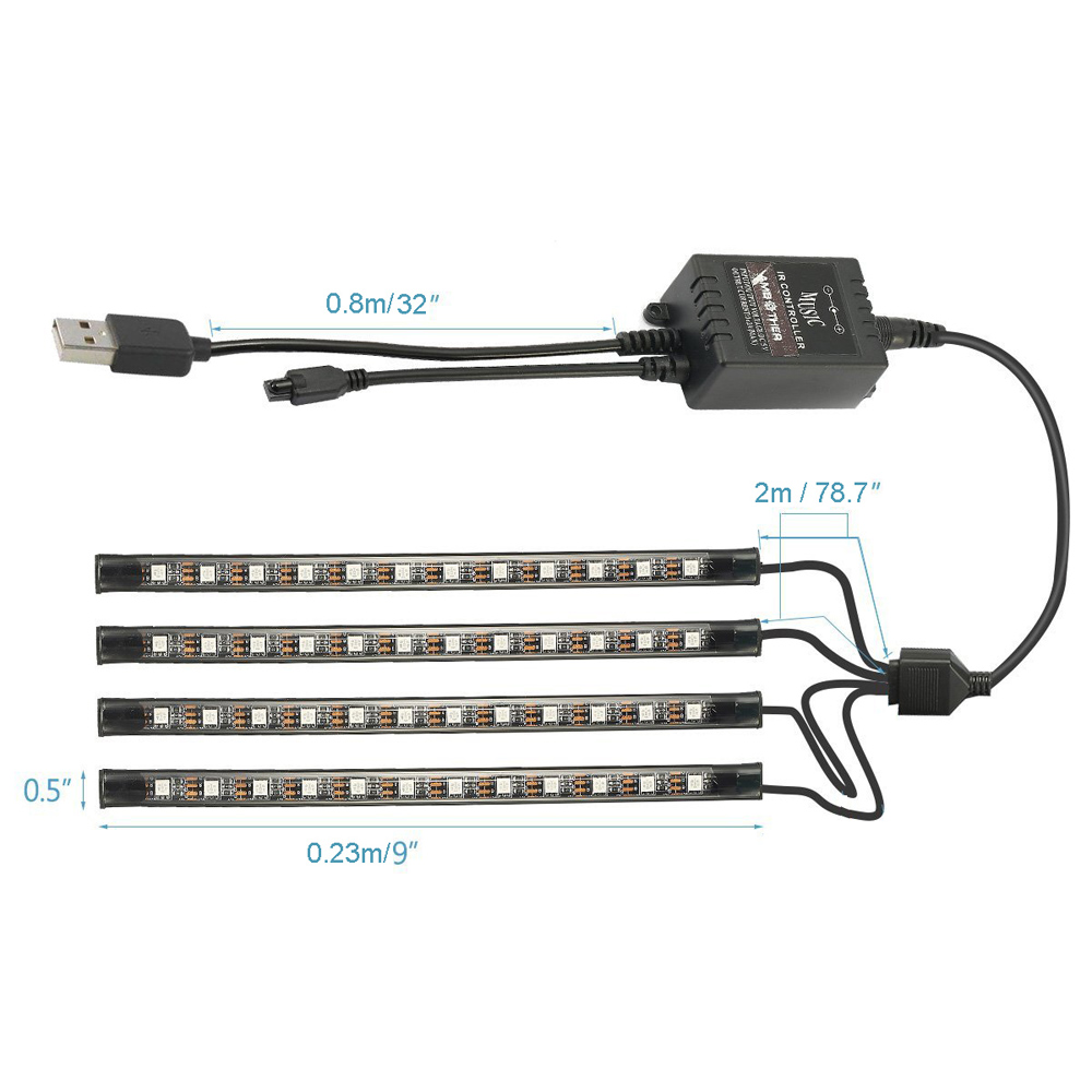 ZDM 4 pcs 9inch Car USB LED Strip Lights 72 LED RGB Music Car Interior Lights