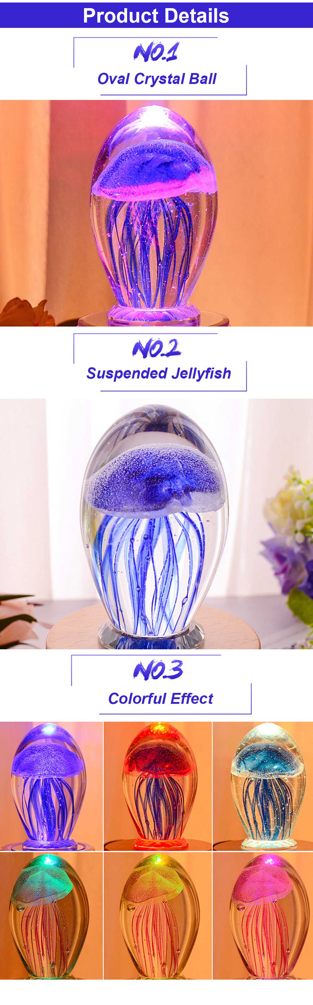 YWXLight 0.7W DC 5V 3D Jellyfish Model LED Lighting Crystal Night Light