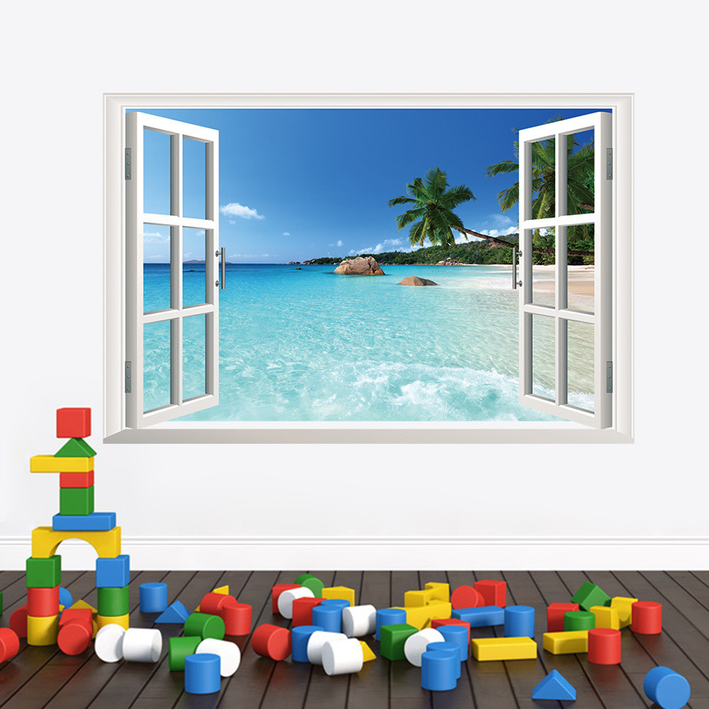 PVC Huge Hawaii Sea View Removable Beach Sea 3D Window Scenery Wall Sticker