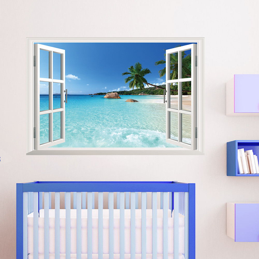 PVC Huge Hawaii Sea View Removable Beach Sea 3D Window Scenery Wall Sticker