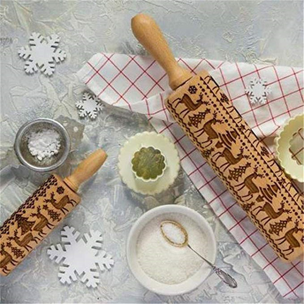 Christmas Embossing Rolling Pin Baking Cookies Laser engraving Wooden Roller