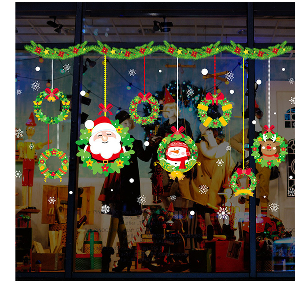 Christmas Wreath cartoon santa claus shopping mall glass window sticker Removab