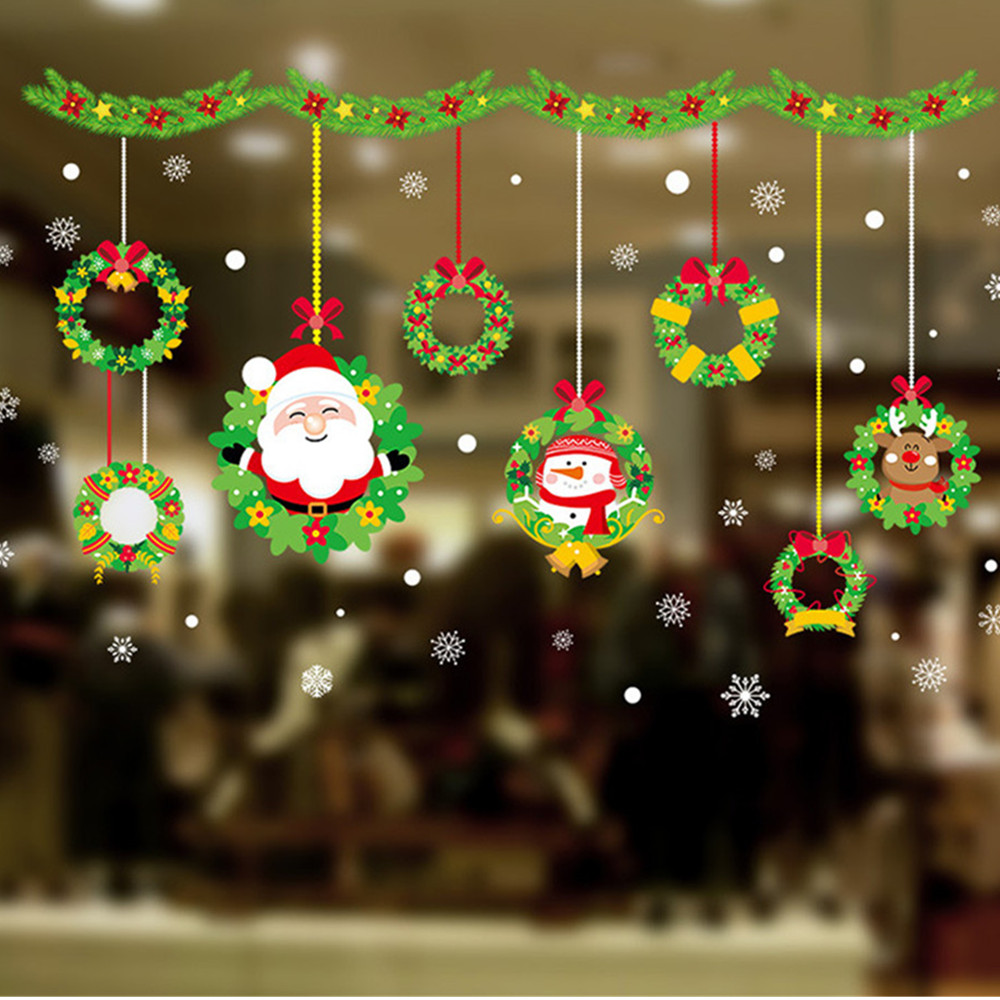 Christmas Wreath cartoon santa claus shopping mall glass window sticker Removab