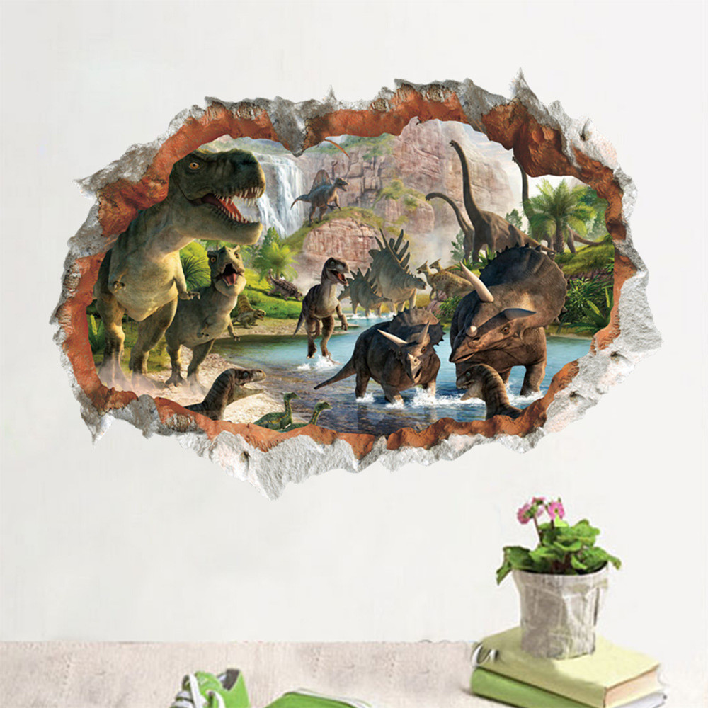 3D Wall Sticker Dinosaur Smashed Window Kids Room Decoraton Vinyl Decals