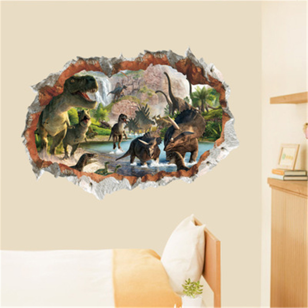 3D Wall Sticker Dinosaur Smashed Window Kids Room Decoraton Vinyl Decals