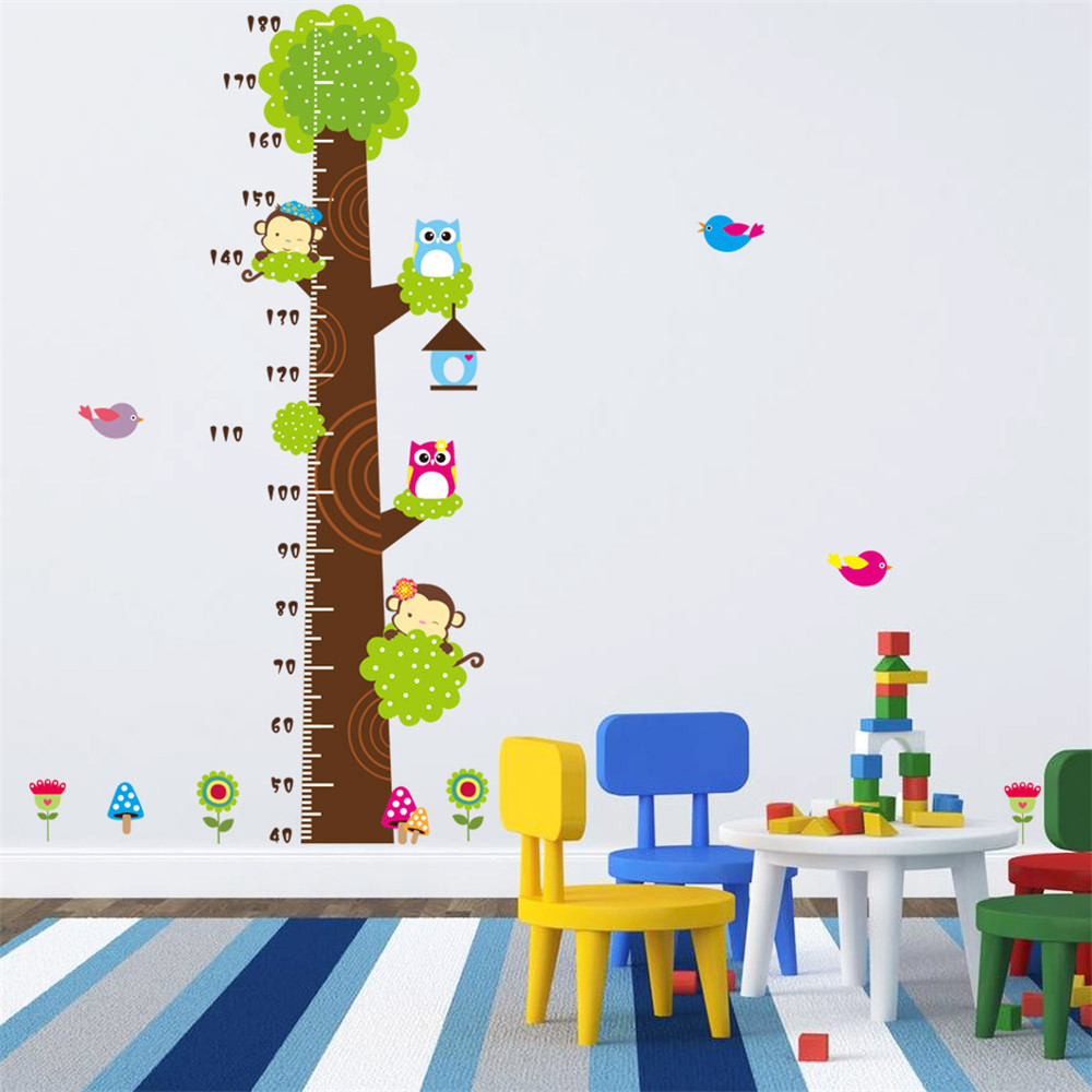 Cartoon Monkey Owl Tree Height Measurement Sticker Children'S Room Wall Decor