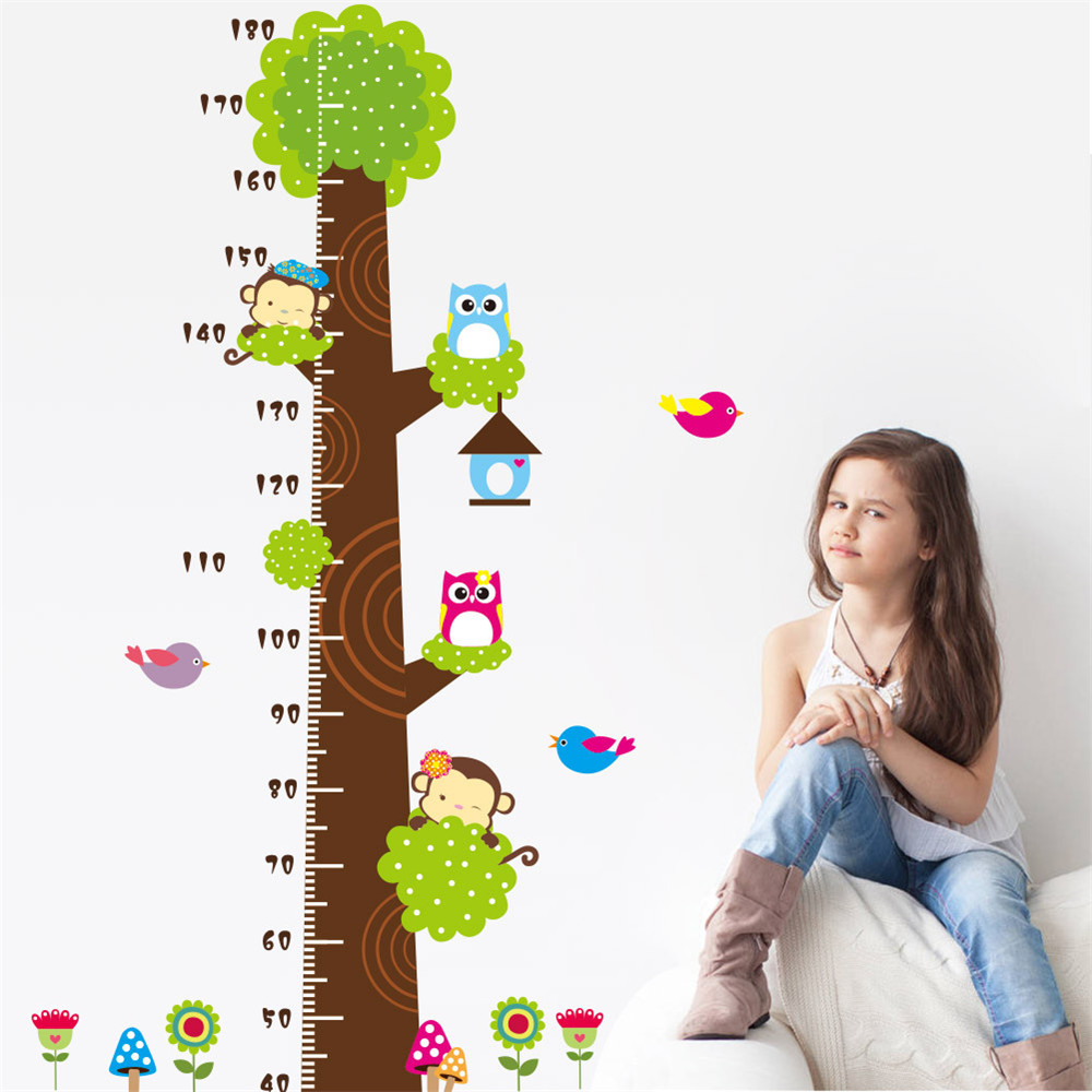 Cartoon Monkey Owl Tree Height Measurement Sticker Children'S Room Wall Decor