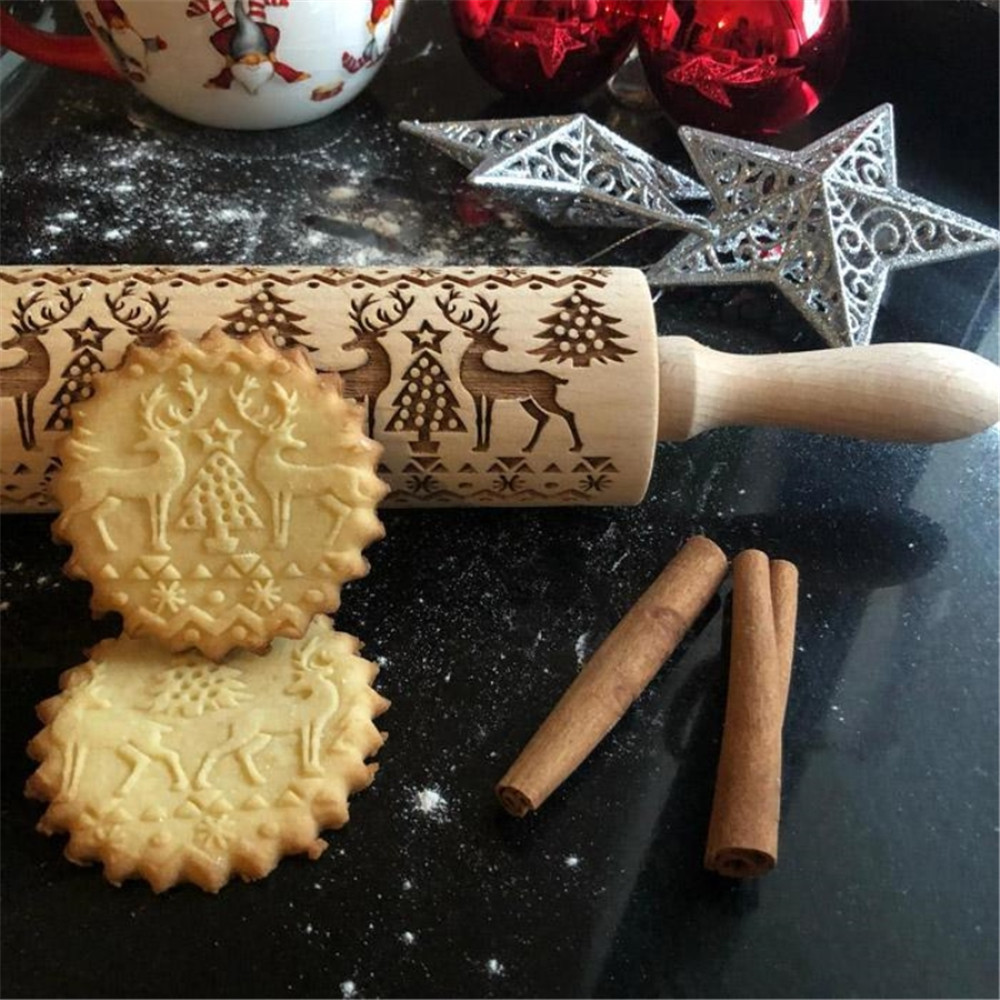 Christmas Rolling Pin Baking Cookies Laser engraving Wooden Roller
